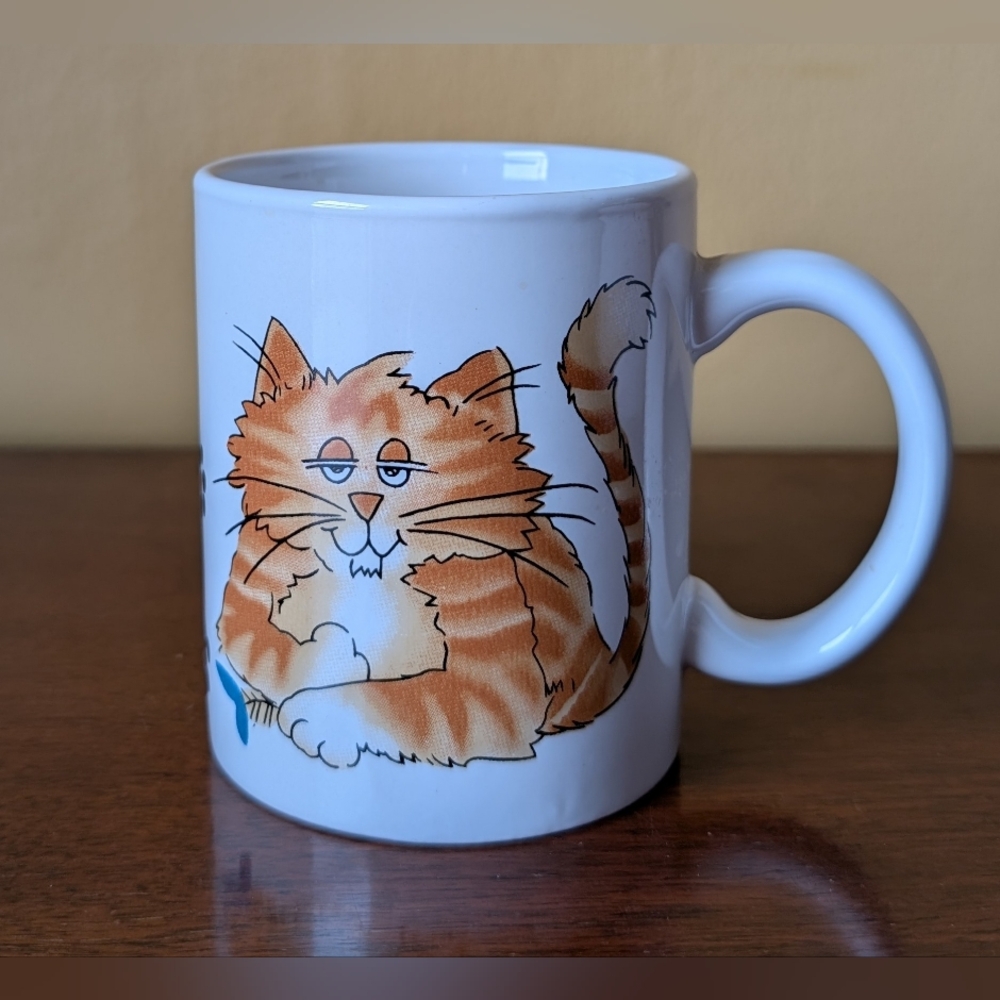 Vintage 90s Funny Cat Mug Orange Tabby w/Fish Leftovers Cat Lovers